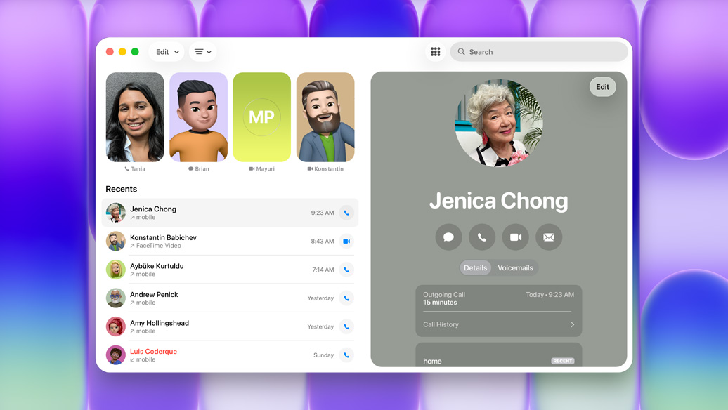 Showing Phone app on MacBook Neo with various contacts and a list of recent calls, one highlighted call shows information on the associated contact
