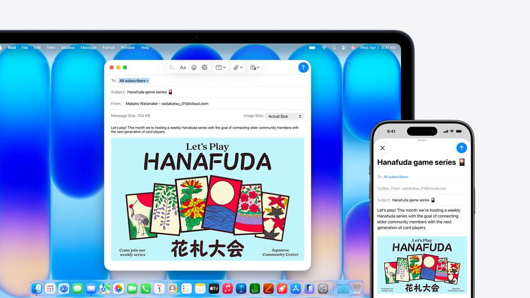 MacBook Neo, indigo color, next to iPhone, both screens show the same email, announcing an event at a community center