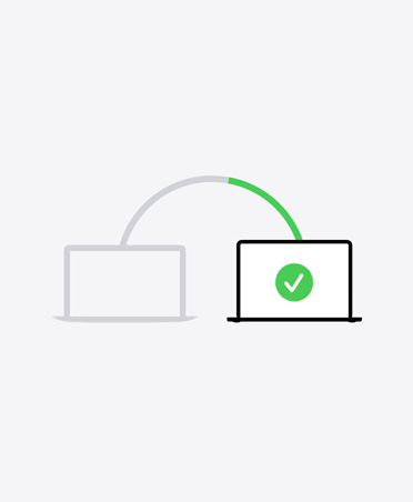Illustration of two laptops connected by line, second shows green checkmark onscreen indicating migration process is complete