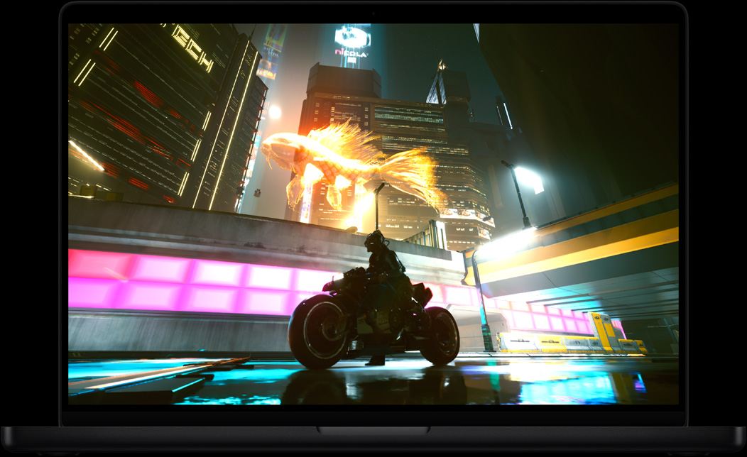 MacBook Pro Display mit dem Videospiel Cyberpunk 2077: Ultimate