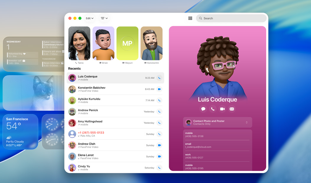 MacBook Pro, Telefon App geöffnet, ein Kontakt wird aus einem letzten Anruf angezeigt