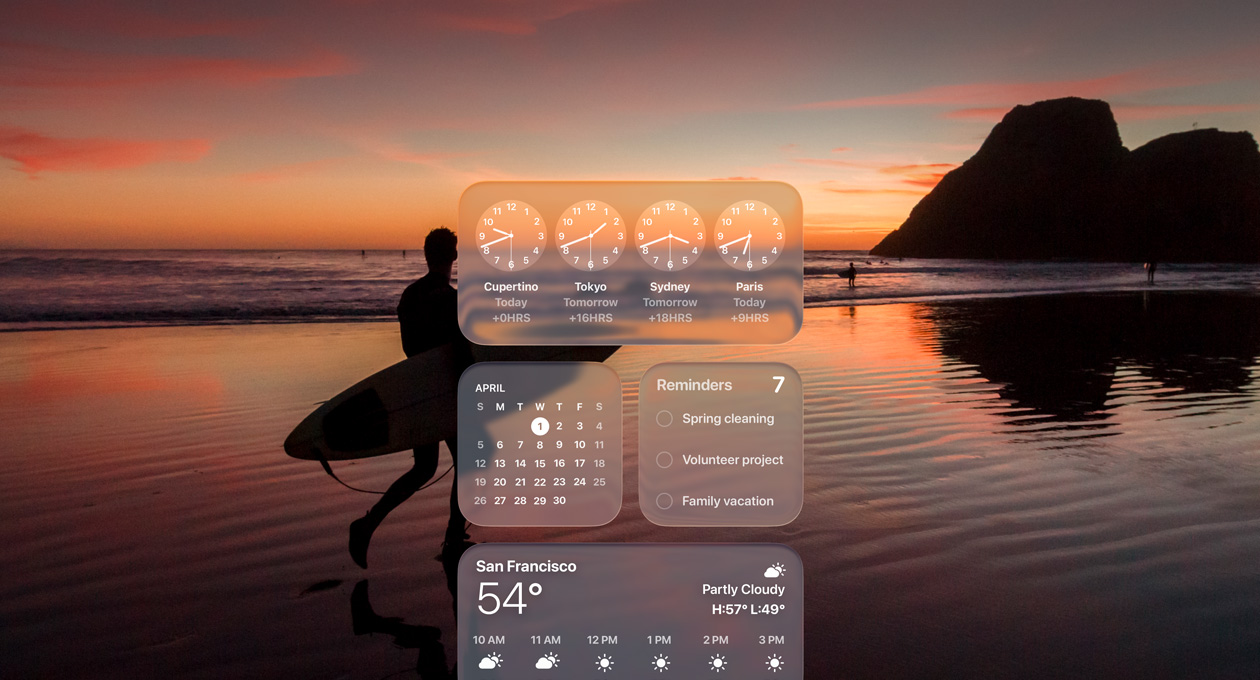 Liquid Glass Widgets für Uhr, Kalender, Erinnerungen und Wetter auf einem macOS Tahoe Bildschirm über einer Szene eines Surfers, der bei Sonnenuntergang am Strand spazieren geht