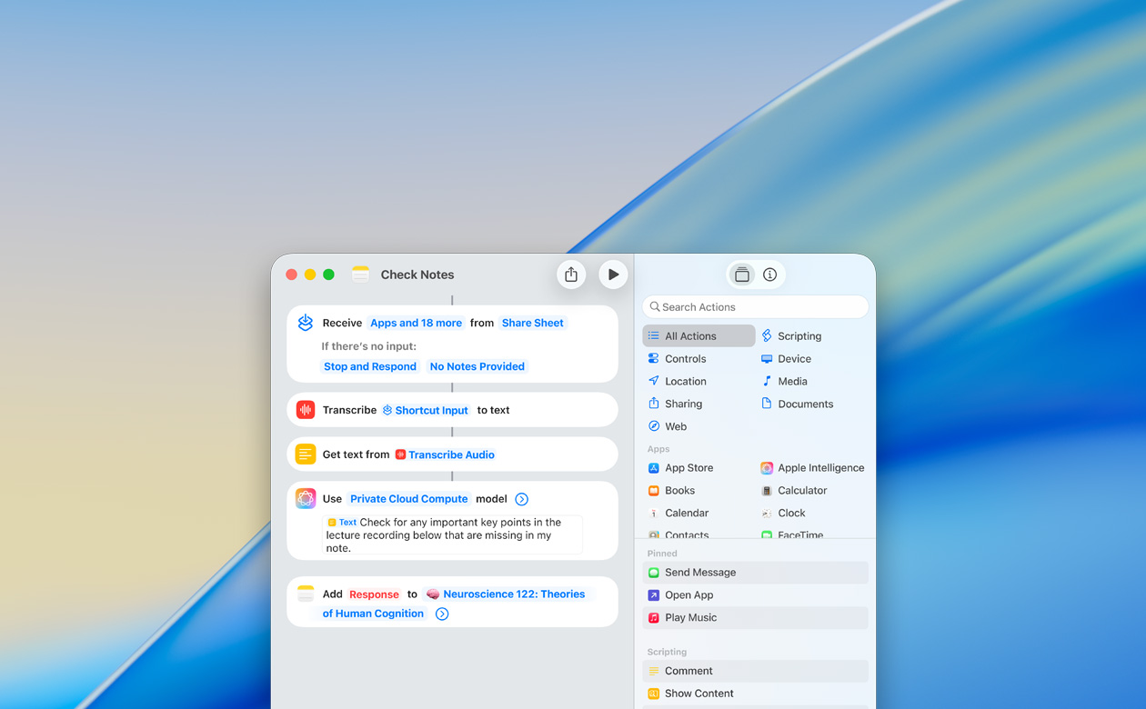 Primo piano di un comando rapido configurato da un utente con l’azione Usa modello nell’app Note