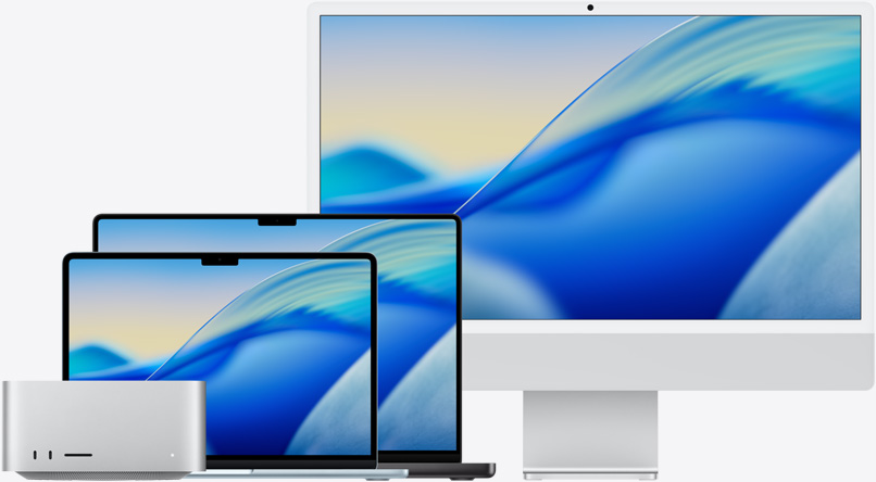 Famiglia di Mac con uno sfondo di macOS Tahoe; da sinistra a destra: Mac Studio, MacBook Air 13" celeste, MacBook Pro 14" nero siderale e iMac 24" color argento