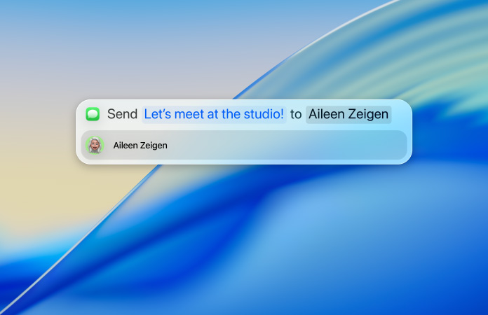 Utente che digita un messaggio di testo in Spotlight da inviare tramite l’app Messaggi