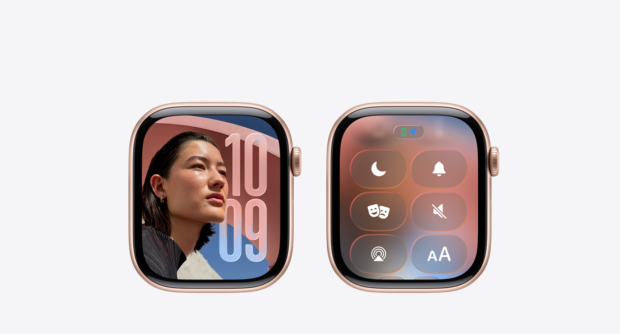 Un Apple Watch color oro rosa sin correa, app Reloj en la carátula que muestra el nuevo diseño con Liquid Glass en watchOS 26