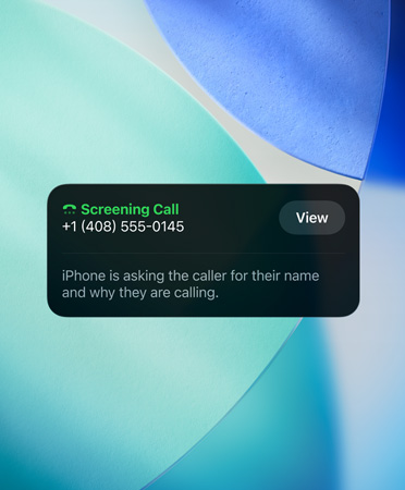 iPhone app widget showcasing screening feature on an incoming call, new OS wallpaper set in the background