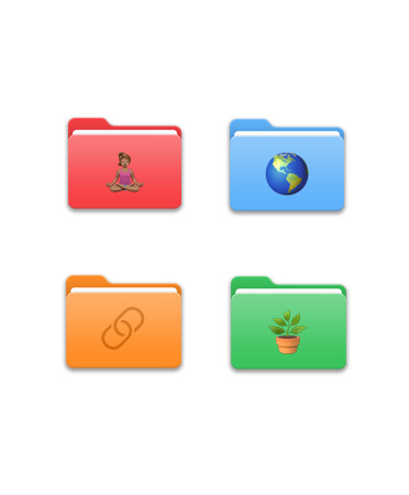 Four File folders in a grid pattern, each one a different color like red, light blue, orange, green with different icons on it like yogi, globe, URL link symbol, and plant.