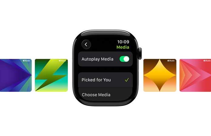 Apple Watch in center in Jet Black, no band, with Picked for You and Choose media options on face, with custom Apple Music wallpapers in background