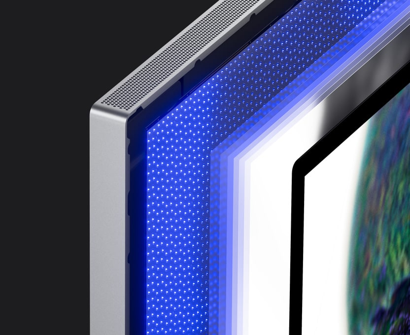 Κοντινό πλάνο του mini-LED που αναδεικνύει τον μικρό LED οπίσθιο φωτισμό, δημιουργώντας πολλαπλές ζώνες ρύθμισης φωτισμού