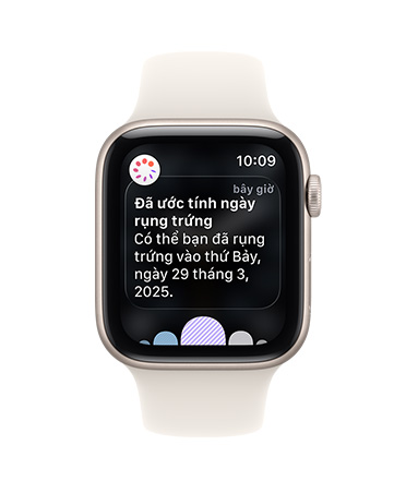 Apple Watch SE 3, vỏ nhôm, màu ánh sao, thông báo ước tính ngày rụng trứng từ Theo Dõi Chu Kỳ trong ứng dụng Sức khỏe, Digital Crown, Dây Đeo Thể Thao, màu ánh sao