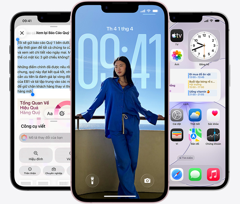 Ba thiết bị iPhone 17e, hiển thị ứng dụng Tin Nhắn đang gửi tin nhắn qua vệ tinh, Màn Hình Khóa hiển thị ảnh của một người và thông báo sự kiện lịch, và ảnh chụp màn hình với Apple Intelligence đang được sử dụng
