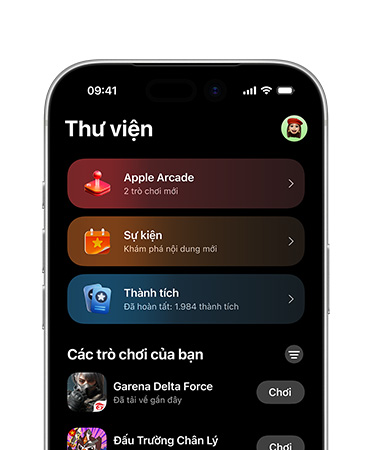 Nửa trên của màn hình iPhone hiển thị bố cục ứng dụng Games, bao gồm tab Thư Viện, Apple Arcade, Sự Kiện, Thành Tích và phần Tất Cả Trò Chơi